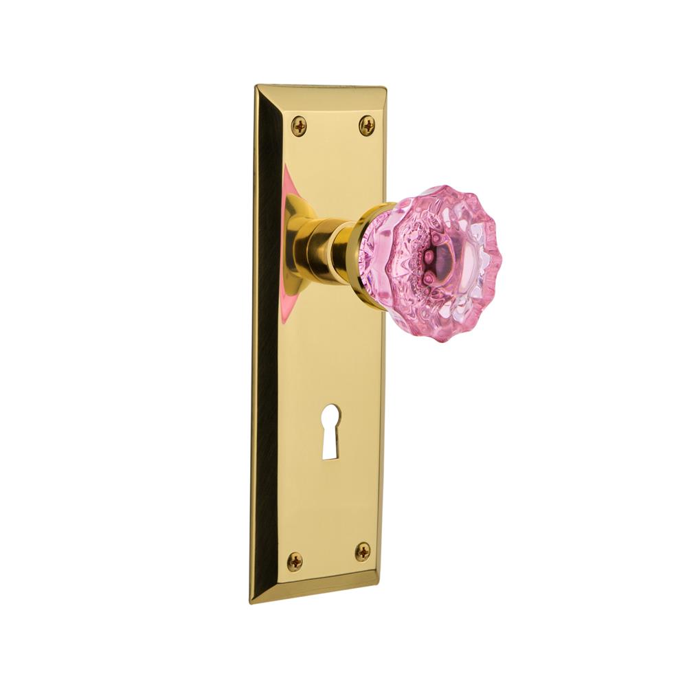 Nostalgic Warehouse NYKCRP Colored Crystal New York Plate with Keyhole Single Dummy Crystal Pink Glass Door Knob in Polished Brass